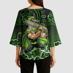 Sydney Thunder Cricket Mascot Kimono Sleeve Blouse Aboriginal Dot Art Green And Black Tribal Pattern