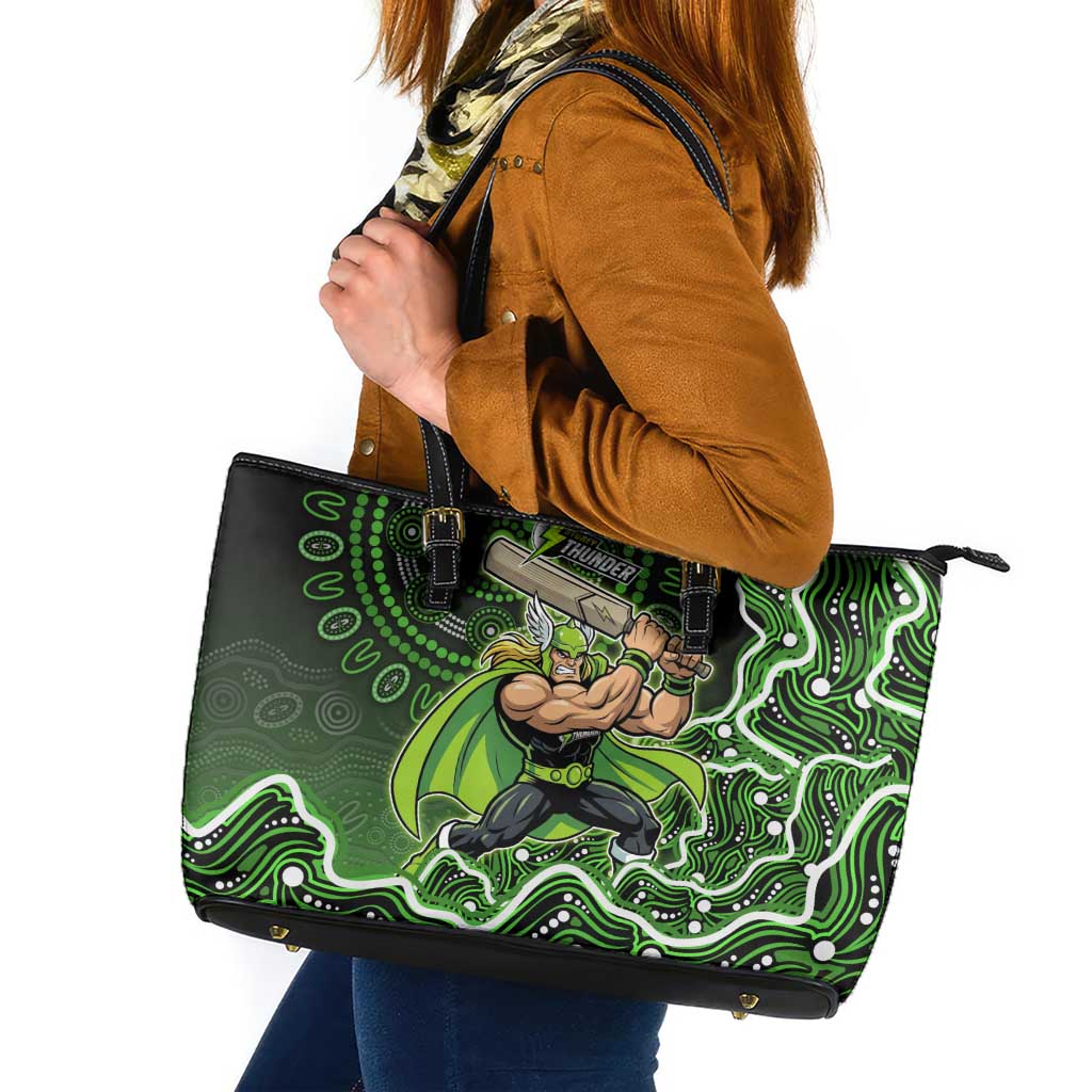 Sydney Thunder Cricket Mascot Leather Tote Bag Aboriginal Dot Art Green And Black Tribal Pattern