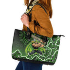 Sydney Thunder Cricket Mascot Leather Tote Bag Aboriginal Dot Art Green And Black Tribal Pattern