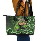 Sydney Thunder Cricket Mascot Leather Tote Bag Aboriginal Dot Art Green And Black Tribal Pattern
