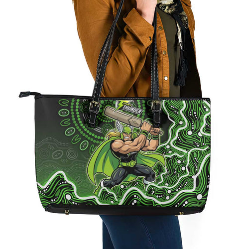 Sydney Thunder Cricket Mascot Leather Tote Bag Aboriginal Dot Art Green And Black Tribal Pattern