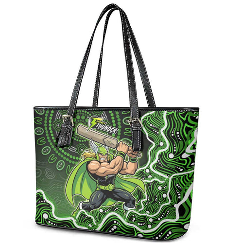 Sydney Thunder Cricket Mascot Leather Tote Bag Aboriginal Dot Art Green And Black Tribal Pattern