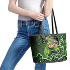 Sydney Thunder Cricket Mascot Leather Tote Bag Aboriginal Dot Art Green And Black Tribal Pattern