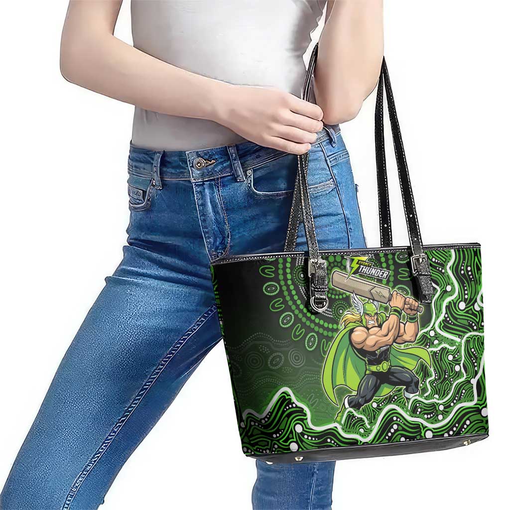 Sydney Thunder Cricket Mascot Leather Tote Bag Aboriginal Dot Art Green And Black Tribal Pattern