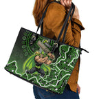 Sydney Thunder Cricket Mascot Leather Tote Bag Aboriginal Dot Art Green And Black Tribal Pattern