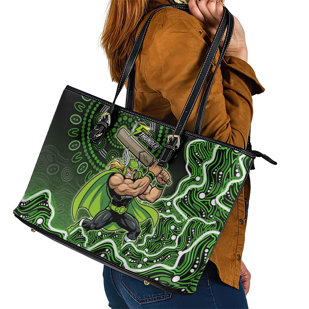 Sydney Thunder Cricket Mascot Leather Tote Bag Aboriginal Dot Art Green And Black Tribal Pattern