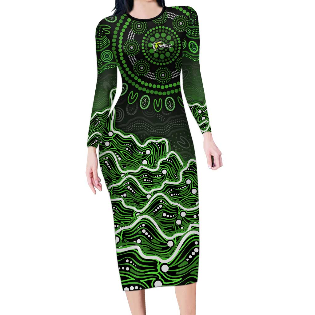 Sydney Thunder Cricket Mascot Long Sleeve Bodycon Dress Aboriginal Dot Art Green And Black Tribal Pattern