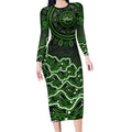 Sydney Thunder Cricket Mascot Long Sleeve Bodycon Dress Aboriginal Dot Art Green And Black Tribal Pattern