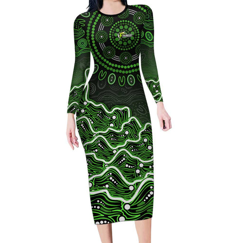 Sydney Thunder Cricket Mascot Long Sleeve Bodycon Dress Aboriginal Dot Art Green And Black Tribal Pattern
