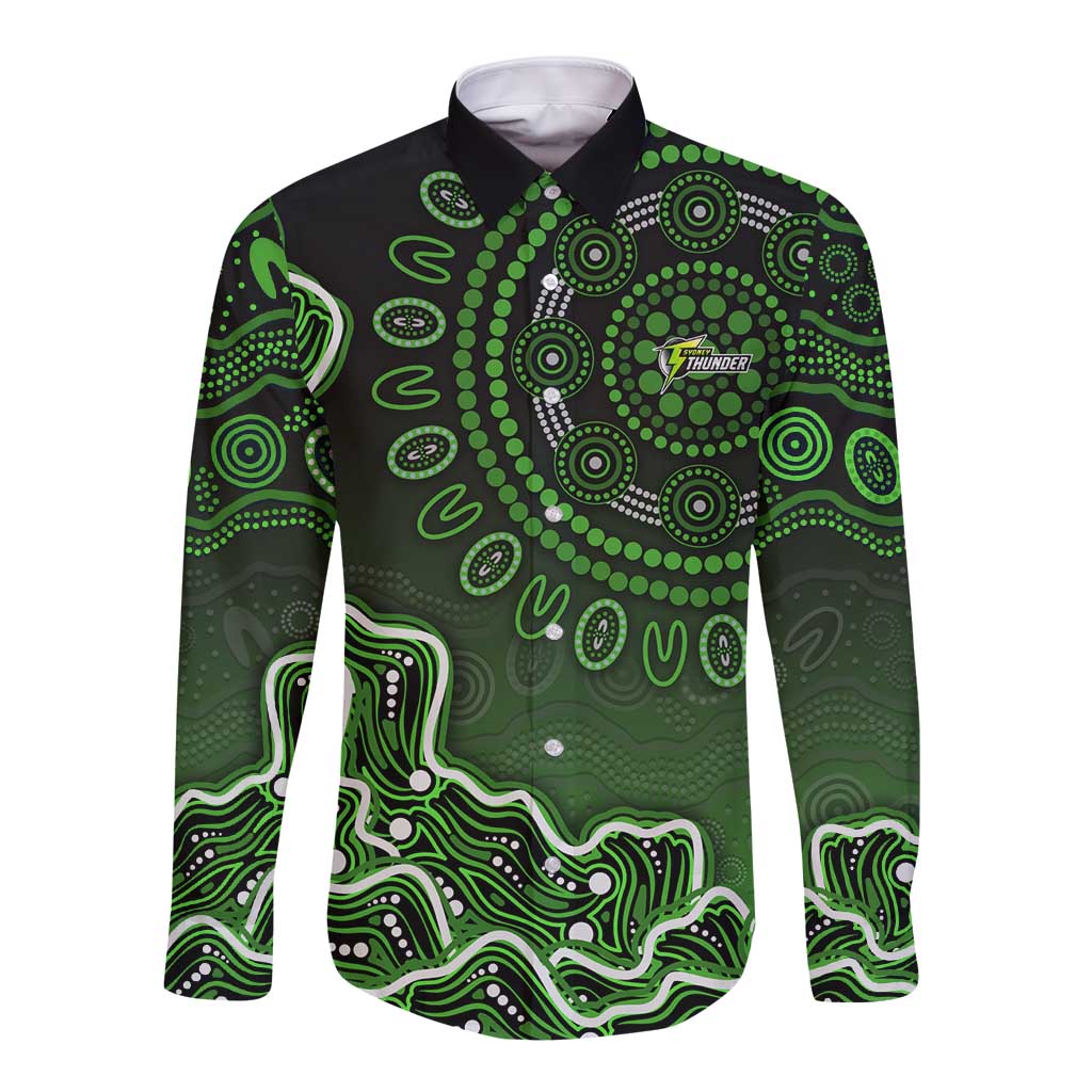 Sydney Thunder Cricket Mascot Long Sleeve Button Shirt Aboriginal Dot Art Green And Black Tribal Pattern