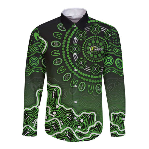 Sydney Thunder Cricket Mascot Long Sleeve Button Shirt Aboriginal Dot Art Green And Black Tribal Pattern