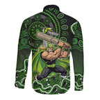 Sydney Thunder Cricket Mascot Long Sleeve Button Shirt Aboriginal Dot Art Green And Black Tribal Pattern