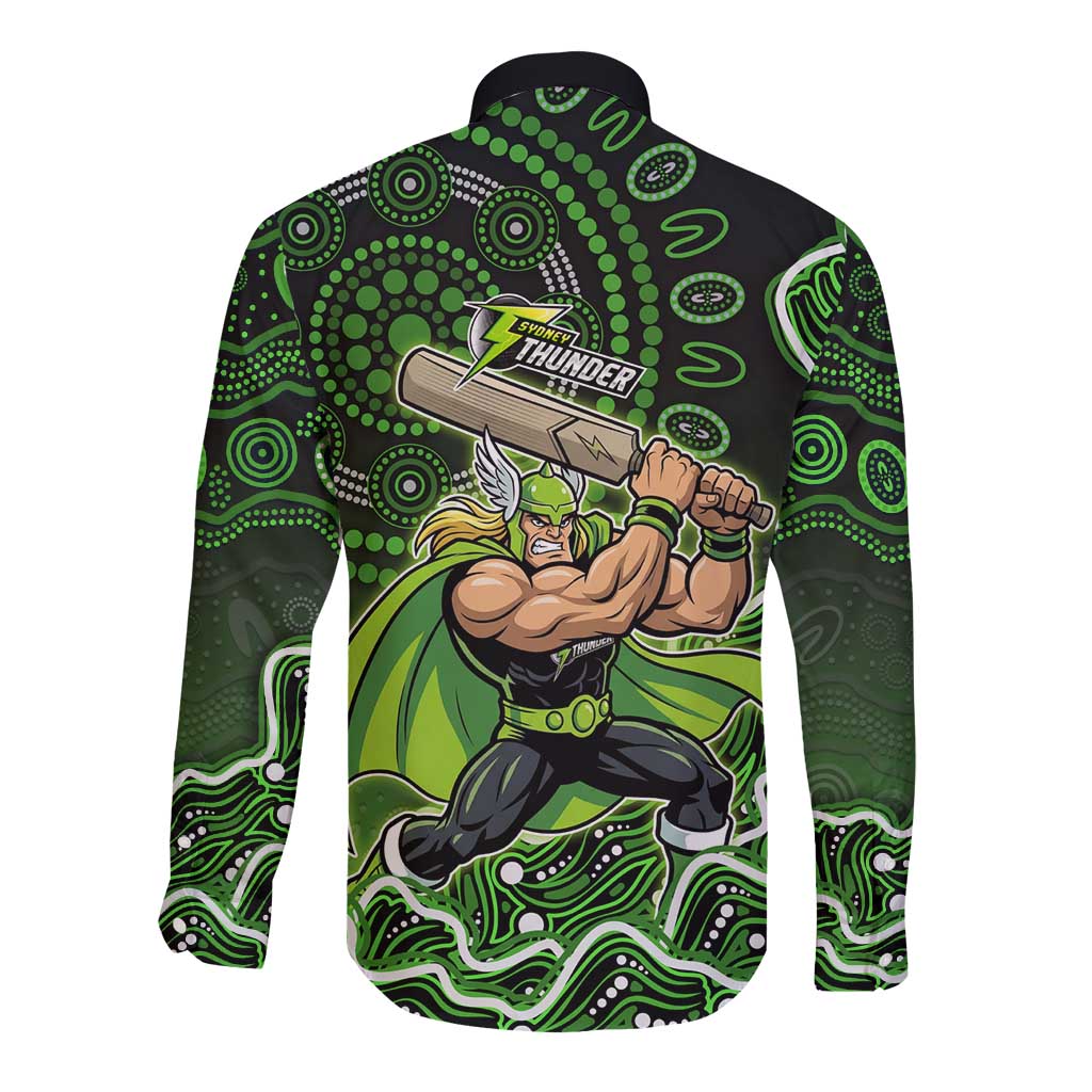 Sydney Thunder Cricket Mascot Long Sleeve Button Shirt Aboriginal Dot Art Green And Black Tribal Pattern