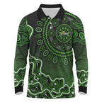 Sydney Thunder Cricket Mascot Long Sleeve Polo Shirt Aboriginal Dot Art Green And Black Tribal Pattern