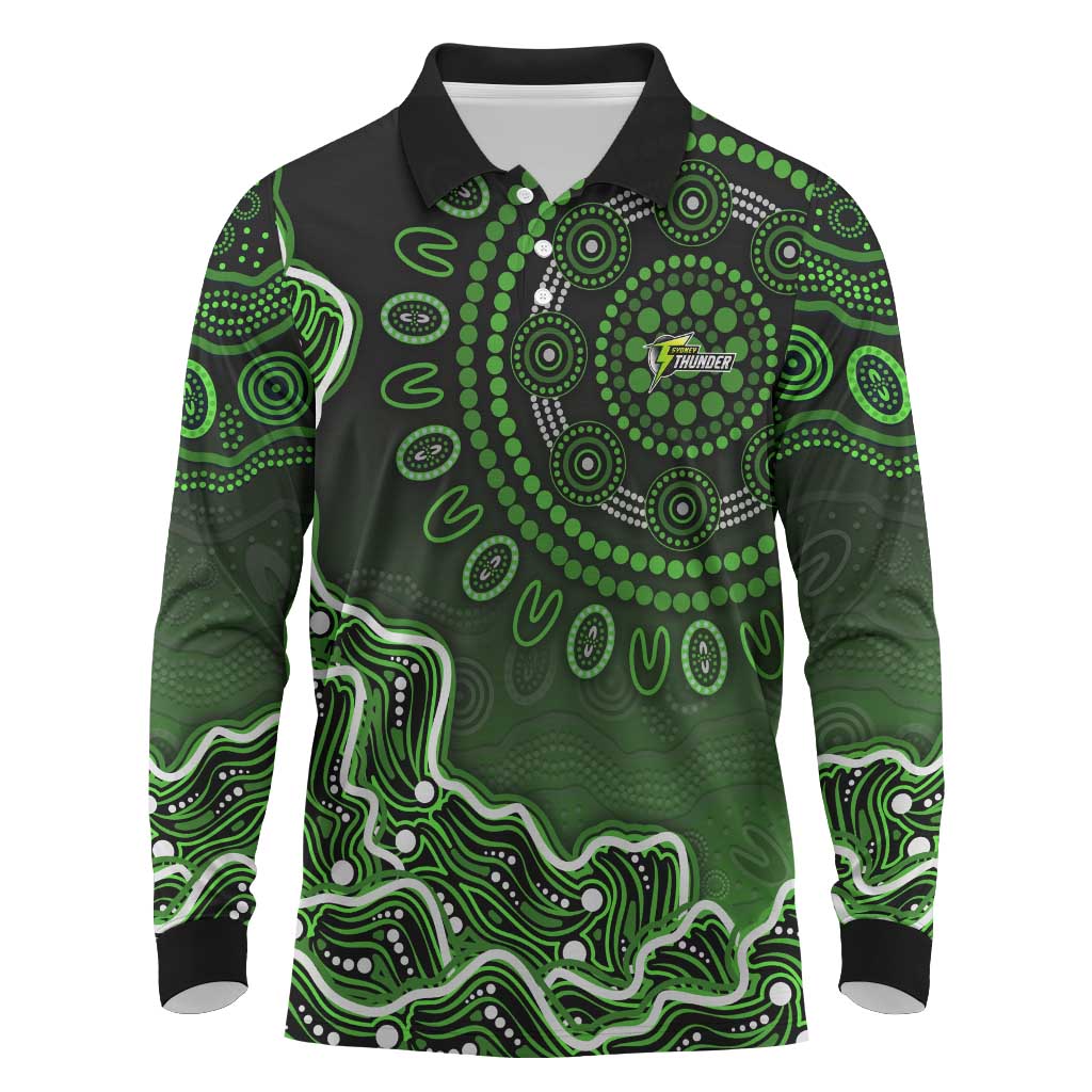 Sydney Thunder Cricket Mascot Long Sleeve Polo Shirt Aboriginal Dot Art Green And Black Tribal Pattern