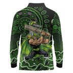 Sydney Thunder Cricket Mascot Long Sleeve Polo Shirt Aboriginal Dot Art Green And Black Tribal Pattern