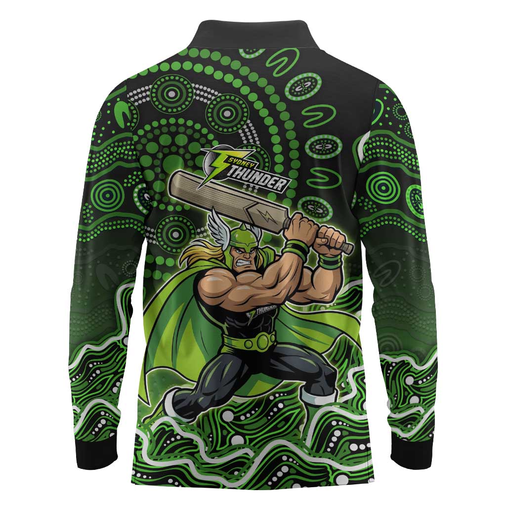 Sydney Thunder Cricket Mascot Long Sleeve Polo Shirt Aboriginal Dot Art Green And Black Tribal Pattern