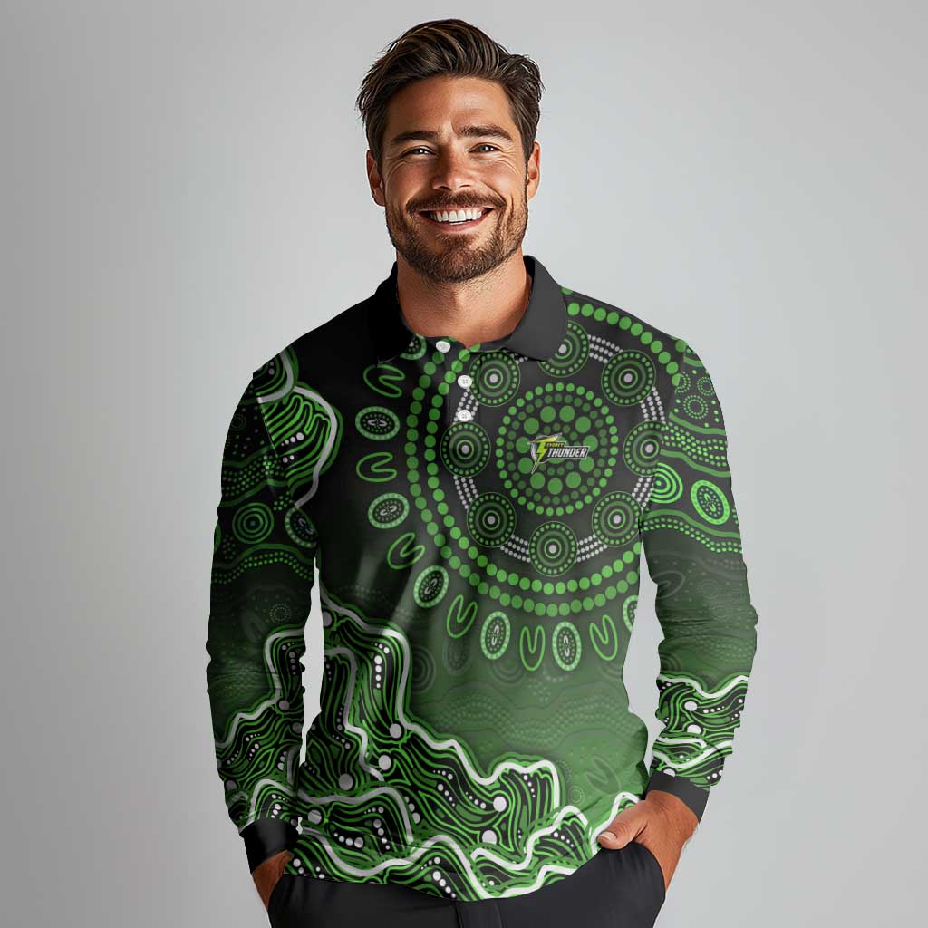 Sydney Thunder Cricket Mascot Long Sleeve Polo Shirt Aboriginal Dot Art Green And Black Tribal Pattern