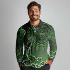 Sydney Thunder Cricket Mascot Long Sleeve Polo Shirt Aboriginal Dot Art Green And Black Tribal Pattern