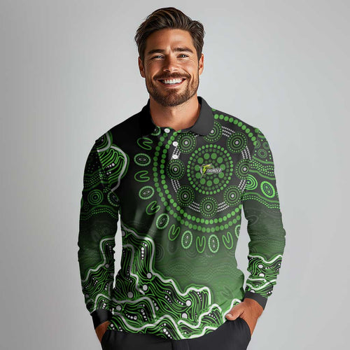 Sydney Thunder Cricket Mascot Long Sleeve Polo Shirt Aboriginal Dot Art Green And Black Tribal Pattern