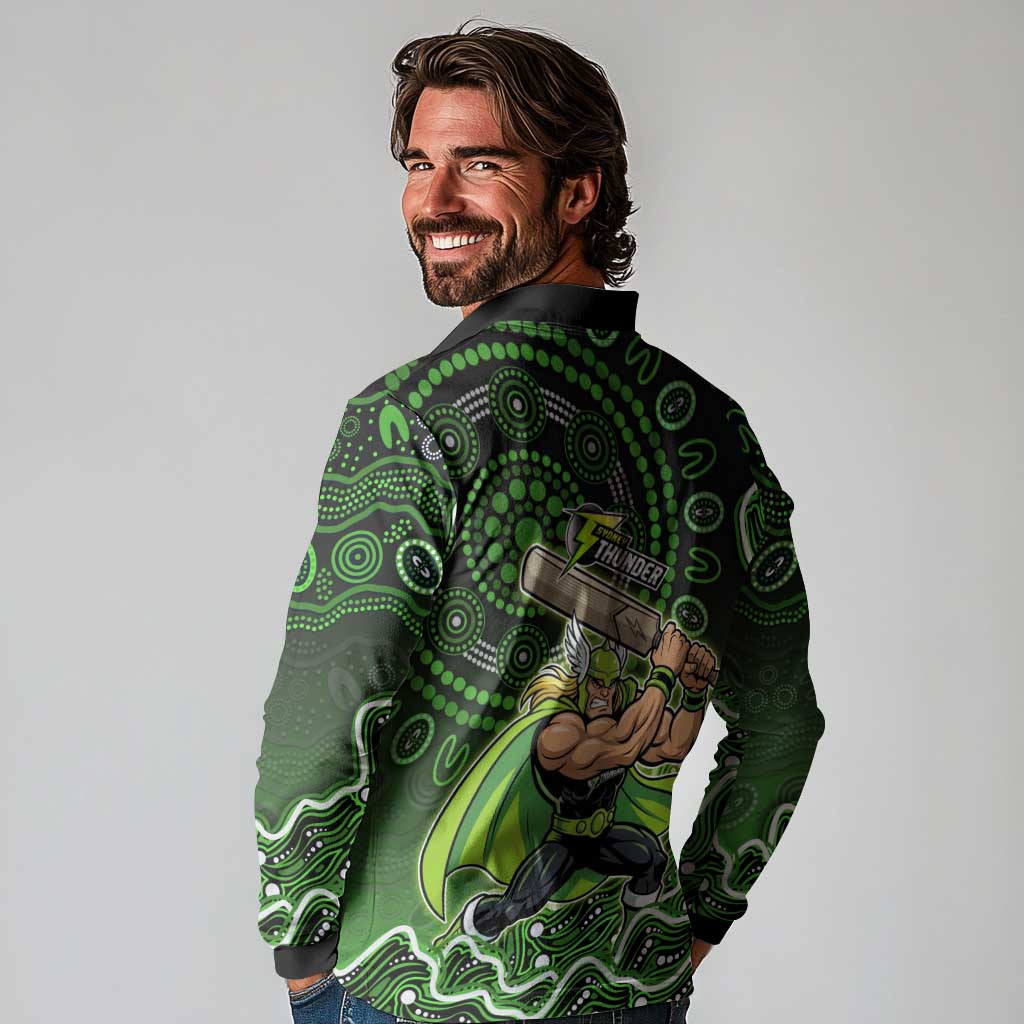 Sydney Thunder Cricket Mascot Long Sleeve Polo Shirt Aboriginal Dot Art Green And Black Tribal Pattern