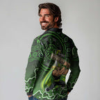 Sydney Thunder Cricket Mascot Long Sleeve Polo Shirt Aboriginal Dot Art Green And Black Tribal Pattern