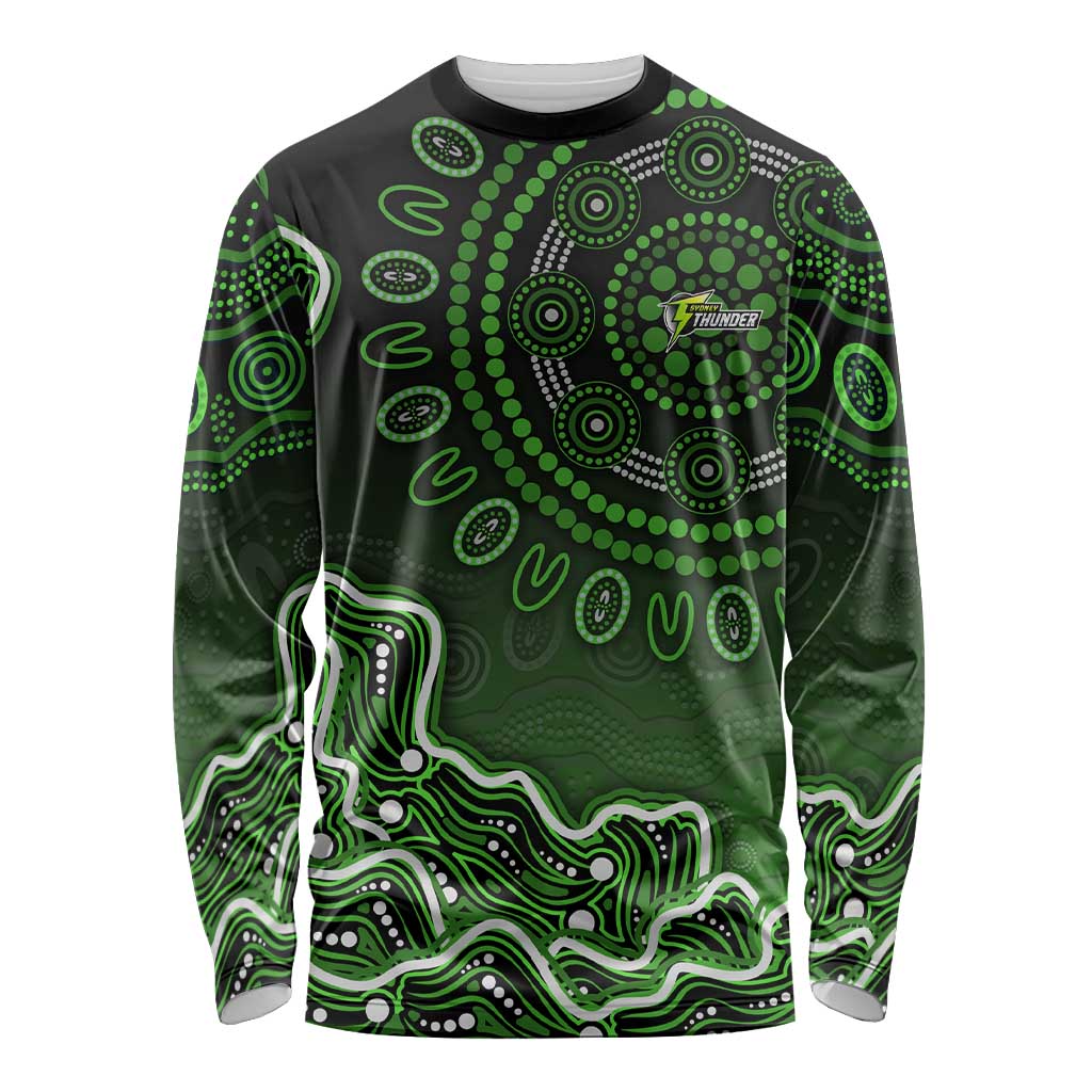 Sydney Thunder Cricket Mascot Long Sleeve Shirt Aboriginal Dot Art Green And Black Tribal Pattern