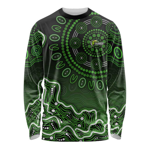 Sydney Thunder Cricket Mascot Long Sleeve Shirt Aboriginal Dot Art Green And Black Tribal Pattern