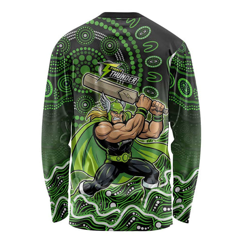 Sydney Thunder Cricket Mascot Long Sleeve Shirt Aboriginal Dot Art Green And Black Tribal Pattern
