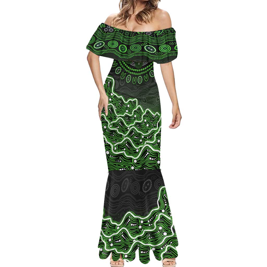 Sydney Thunder Cricket Mascot Mermaid Dress Aboriginal Dot Art Green And Black Tribal Pattern