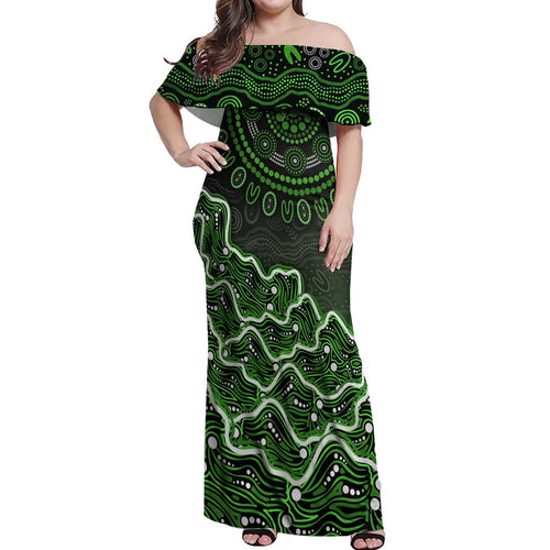 Sydney Thunder Cricket Mascot Off Shoulder Maxi Dress Aboriginal Dot Art Green And Black Tribal Pattern