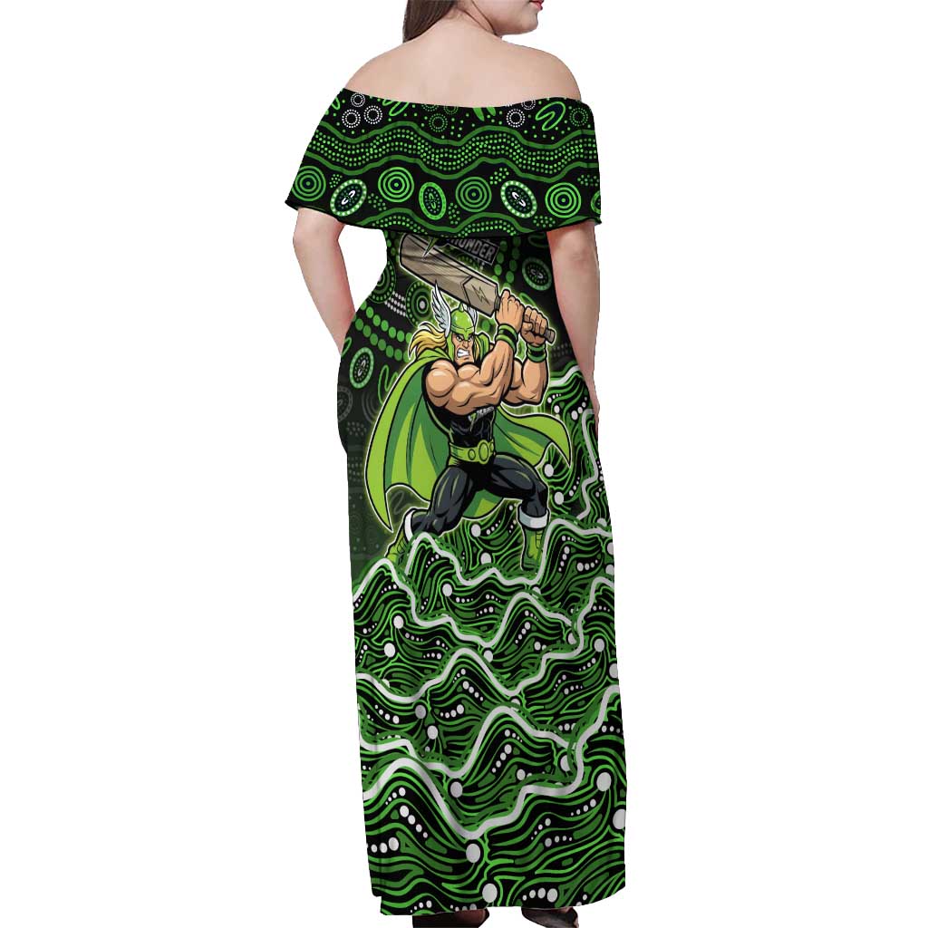Sydney Thunder Cricket Mascot Off Shoulder Maxi Dress Aboriginal Dot Art Green And Black Tribal Pattern