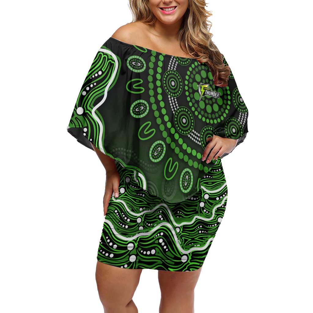 Sydney Thunder Cricket Mascot Off Shoulder Short Dress Aboriginal Dot Art Green And Black Tribal Pattern