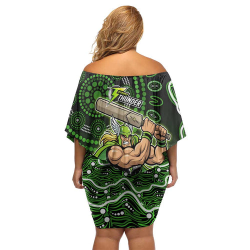 Sydney Thunder Cricket Mascot Off Shoulder Short Dress Aboriginal Dot Art Green And Black Tribal Pattern