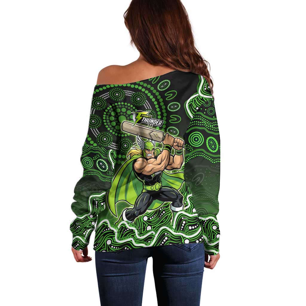 Sydney Thunder Cricket Mascot Off Shoulder Sweater Aboriginal Dot Art Green And Black Tribal Pattern