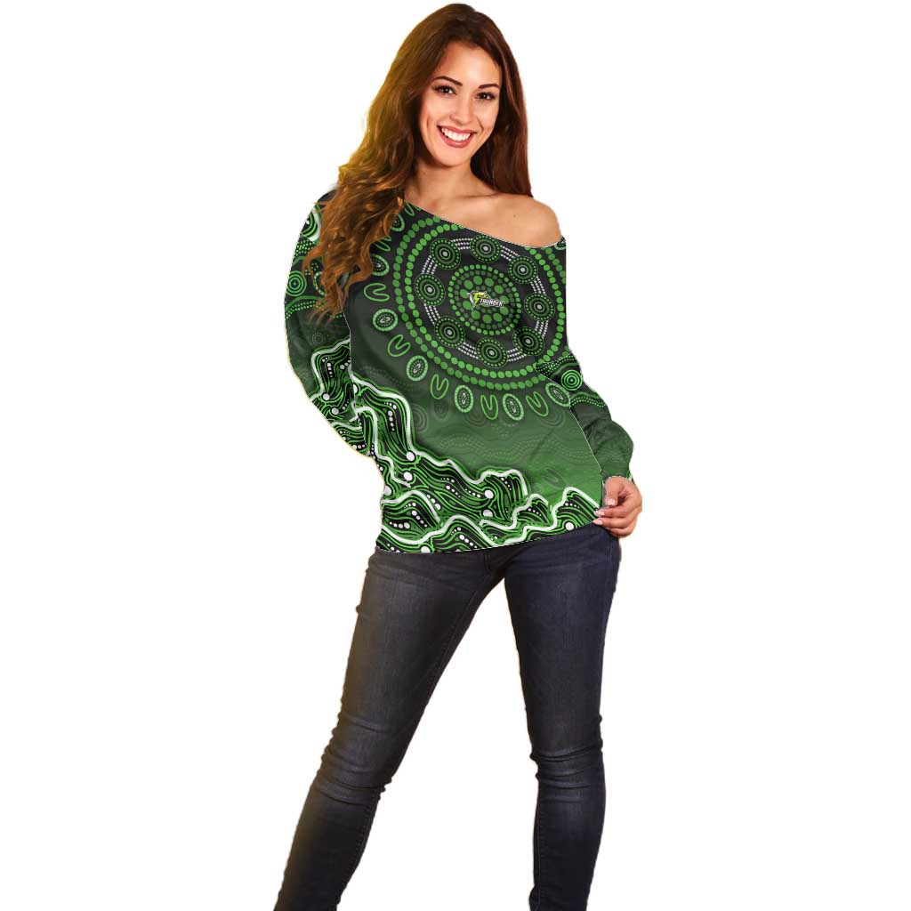 Sydney Thunder Cricket Mascot Off Shoulder Sweater Aboriginal Dot Art Green And Black Tribal Pattern