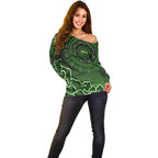 Sydney Thunder Cricket Mascot Off Shoulder Sweater Aboriginal Dot Art Green And Black Tribal Pattern