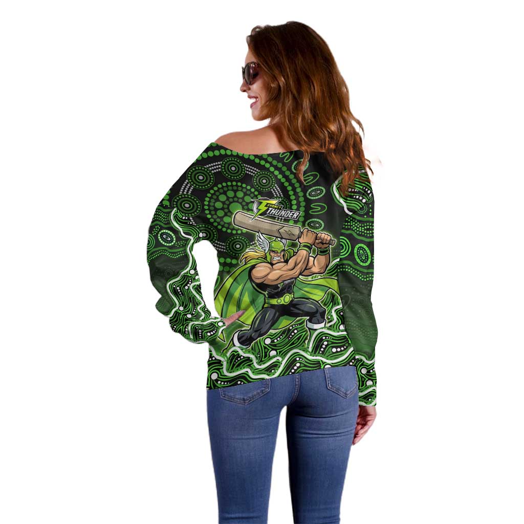 Sydney Thunder Cricket Mascot Off Shoulder Sweater Aboriginal Dot Art Green And Black Tribal Pattern