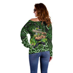 Sydney Thunder Cricket Mascot Off Shoulder Sweater Aboriginal Dot Art Green And Black Tribal Pattern
