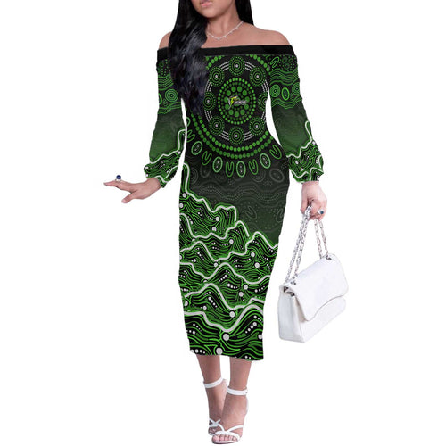 Sydney Thunder Cricket Mascot Off The Shoulder Long Sleeve Dress Aboriginal Dot Art Green And Black Tribal Pattern