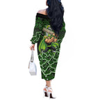 Sydney Thunder Cricket Mascot Off The Shoulder Long Sleeve Dress Aboriginal Dot Art Green And Black Tribal Pattern