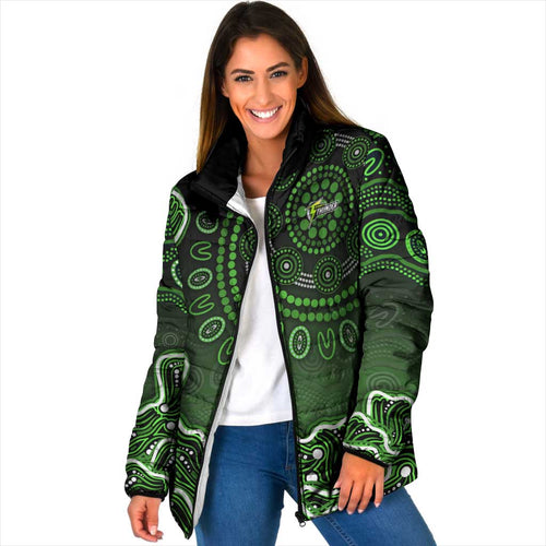 Sydney Thunder Cricket Mascot Padded Jacket Aboriginal Dot Art Green And Black Tribal Pattern