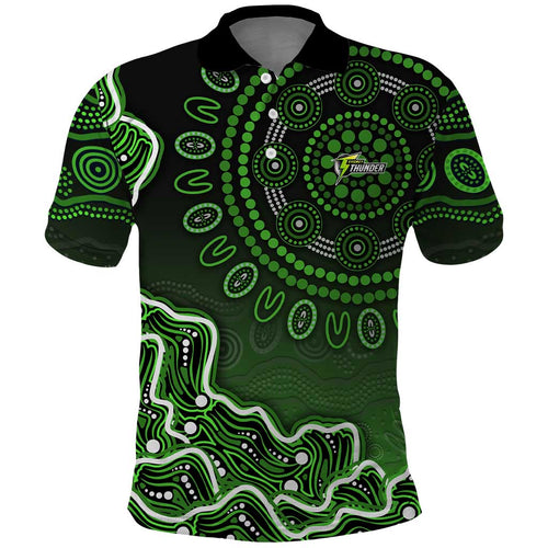 Sydney Thunder Cricket Mascot Polo Shirt Aboriginal Dot Art Green And Black Tribal Pattern