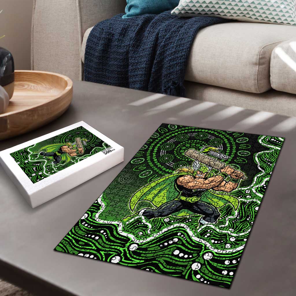 Sydney Thunder Cricket Mascot Puzzle Aboriginal Dot Art Green And Black Tribal Pattern