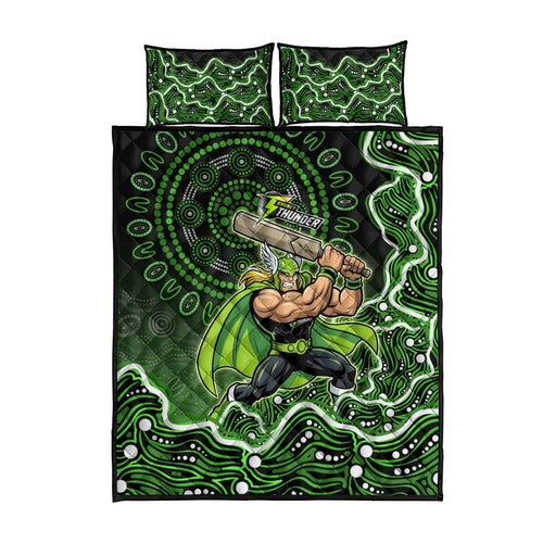Sydney Thunder Cricket Mascot Quilt Bed Set Aboriginal Dot Art Green And Black Tribal Pattern