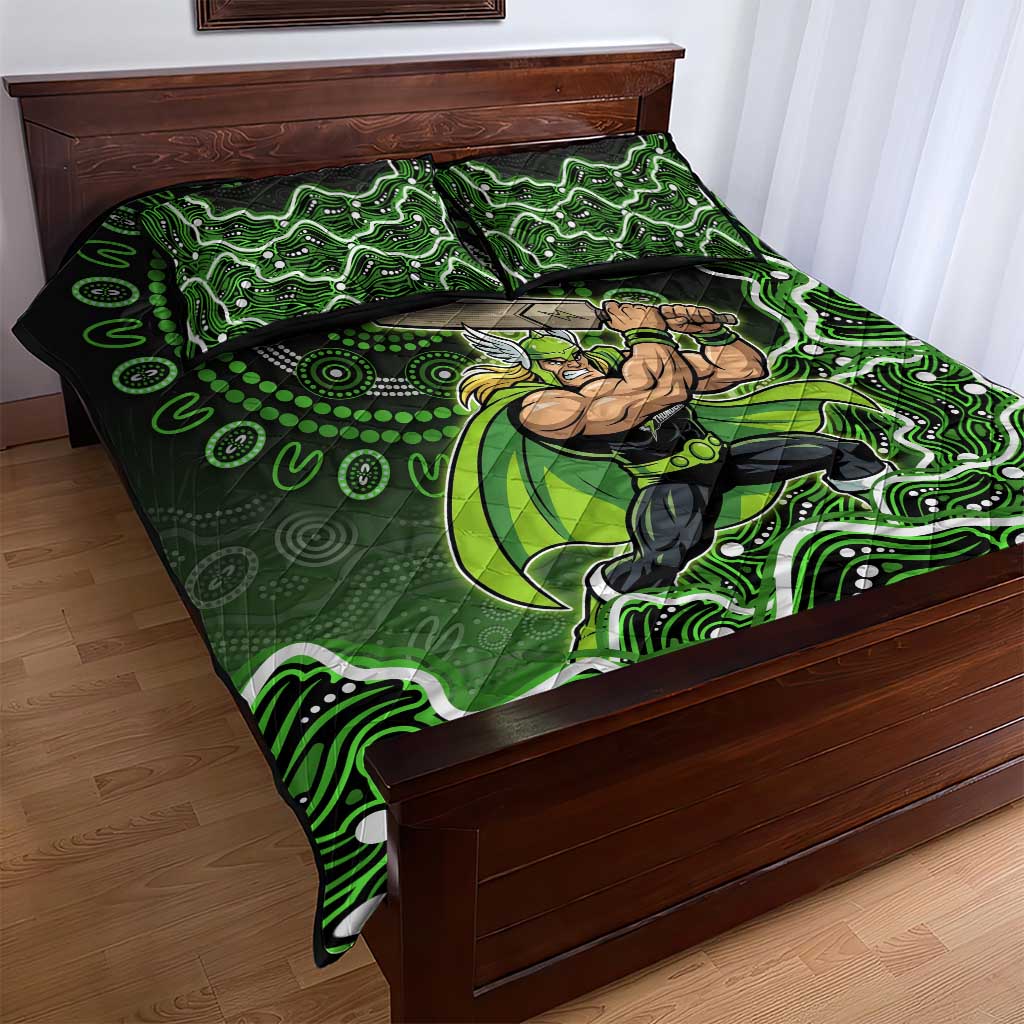 Sydney Thunder Cricket Mascot Quilt Bed Set Aboriginal Dot Art Green And Black Tribal Pattern