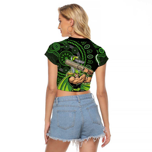 Sydney Thunder Cricket Mascot Raglan Cropped T Shirt Aboriginal Dot Art Green And Black Tribal Pattern