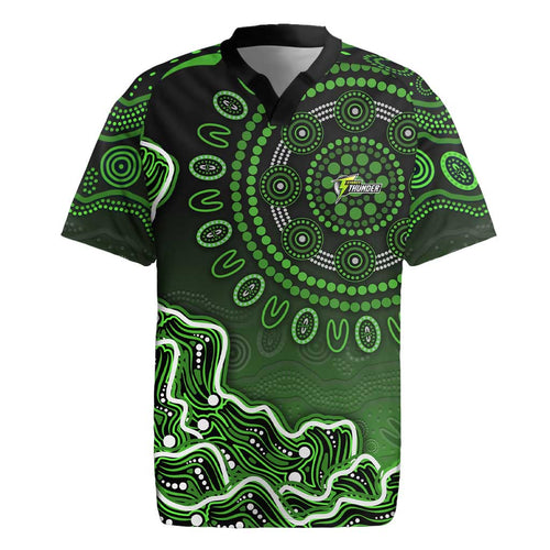 Sydney Thunder Cricket Mascot Rugby Jersey Aboriginal Dot Art Green And Black Tribal Pattern