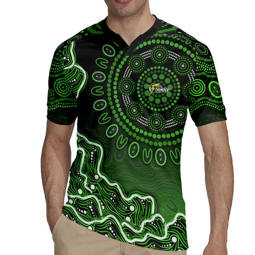 Sydney Thunder Cricket Mascot Rugby Jersey Aboriginal Dot Art Green And Black Tribal Pattern