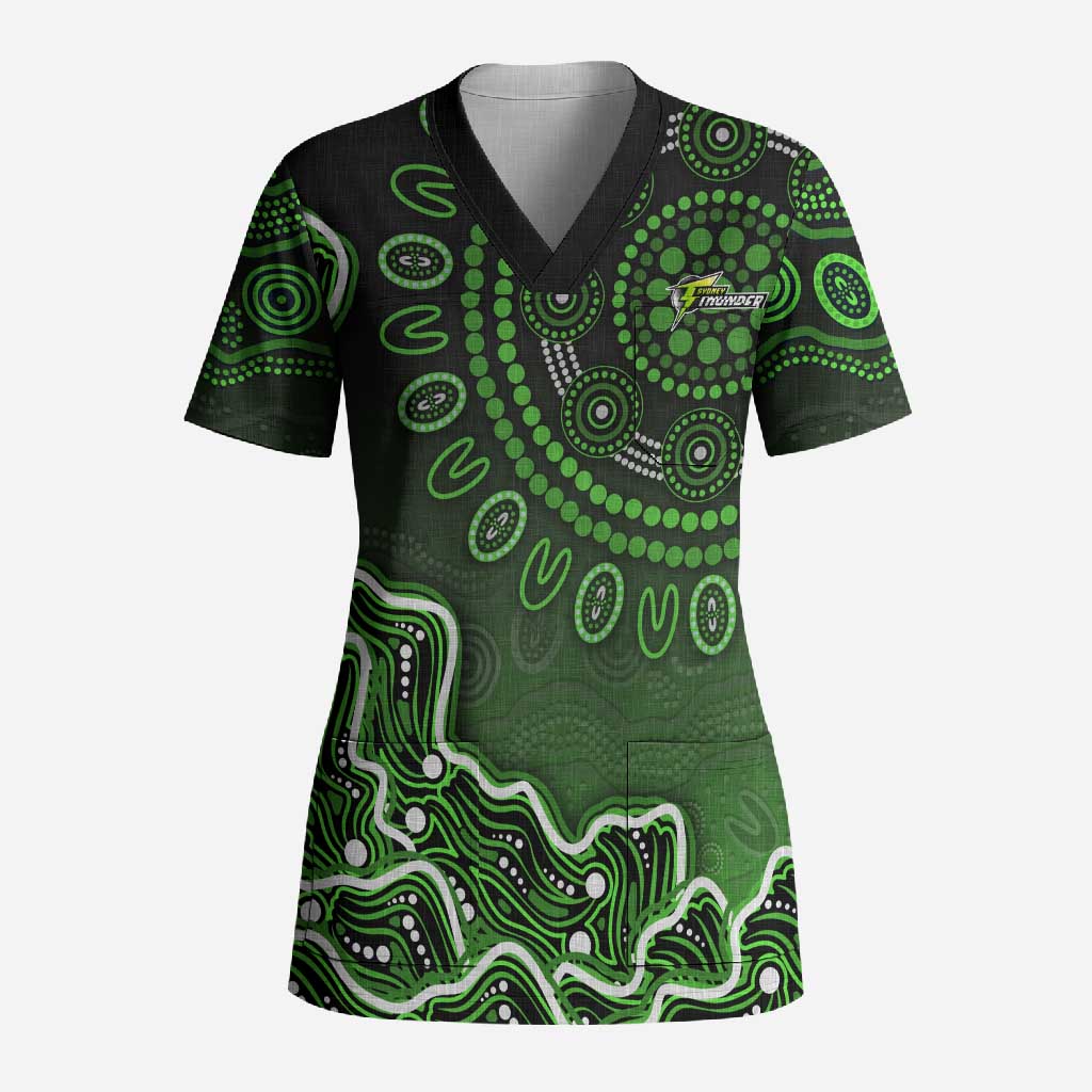 Sydney Thunder Cricket Mascot Scrub Top Aboriginal Dot Art Green And Black Tribal Pattern